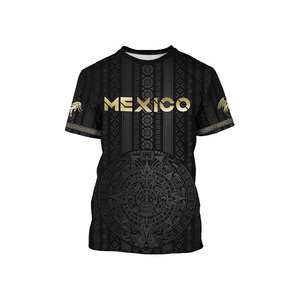 Camiseta de Fútbol de México con Estampado Completo Negro y Dorado Diseño Azteca para Hombre, Manga Corta, Cuello Redondo, 100% Poliéster, Prenda Transpirable - Product Image 1