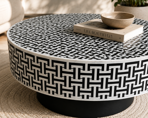 Table basse ronde de luxe moderne en bois avec incrustations en os, design géométrique fait main, meubles de salon, taille personnalisée - Product Image 2