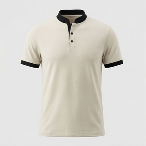 Polo à manches courtes pour homme, beige, avec bordure noire, tricoté, design uni, coupe classique, boutons sur le devant - Product Image 1