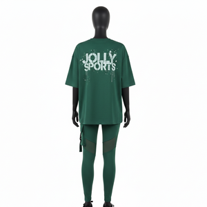 T-shirt femme en coton et élasthanne vert foncé et leggings en maille nylon et élasthanne 240 GSM avec logo personnalisé imprimé sur écran – Ensembles femme - Product Image 2