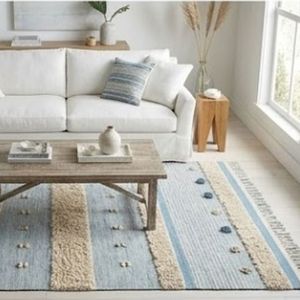 Tapis rectangulaire côtier bleu rayé en coton biologique lavable, tissage plat, pour salon – Vente chaude directe usine - Product Image 4