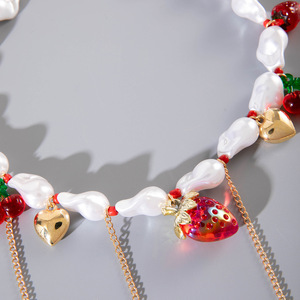 Collar con Colgante de Fresa, Cadena con Borlas Doradas y Cuentas Blancas Irregulares, Gargantilla con Colgante de Fruta, Joyería de Moda Y2K para Mujer - Product Image 3