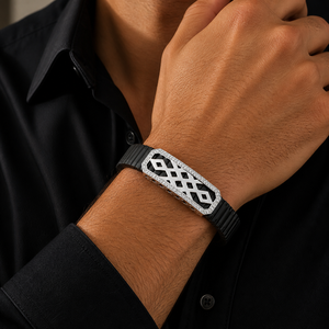 925 Sterling <b>Silver</b> Black Enamel Cubic Zirconia Bracelet High Polish Geometric Openwork <b>Mens</b> Unisex Link for Party Wedding Daily - Product Image 4