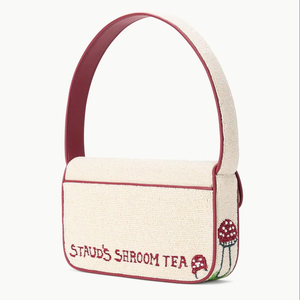 Handmade <b>White</b> Beaded <b>Bag</b> Mushroom Tea Text Embroidery Glass Seed Beads Shoulder Purse Ladies Novelty <b>Clutch</b> Red Trim Handbag - Product Image 1