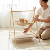 Hamac pour chat à double couche, structure en bois robuste, hamac pour chat à 2 niveaux, housse lavable, lit pour animaux à double couche, lin à double couche