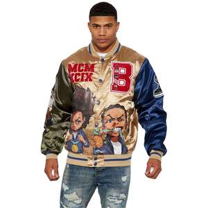 Men's Varsity <b>Jacket</b> With Character Print Patch Design Satin Lining Turn-down Collar Streetwear Style Autumn Wear - Product Image 1