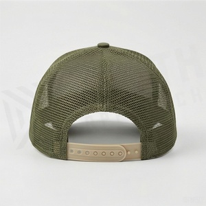 Olive Green 6-Panel Trucker Cap Mesh Back Adjustable Unisex Casual Baseball <b>Hat</b> Solid Color <b>Flat</b> Brim Style - Product Image 2