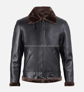 Chaqueta de cuero de bombardero de piel de oveja negra hecha a medida para hombre al mejor precio, chaqueta de cuero con cuello levantado a la moda para hombre - Product Image 4