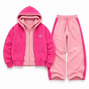 <b>Pink</b> Color block Double Zip <b>Hoodies</b> Set Contrast Panels Heavyweight Fleece Wide Leg Sweatpants Men Custom Embroidered Streetwear - Product Image 4
