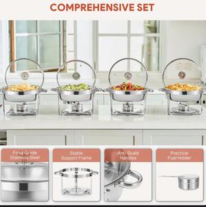 Ensemble de réchauds de buffet ronds en acier inoxydable de qualité supérieure 6QT avec couvercle en verre, 4 pièces au meilleur prix - Product Image 5