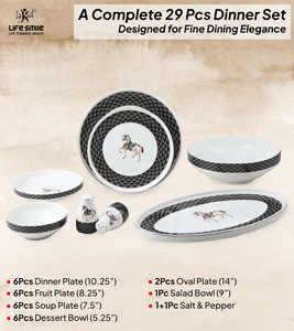 Service de table de luxe 29 pièces en porcelaine fine – Blanc classique avec bordure texturée noire élégante et motif cheval - Product Image 2