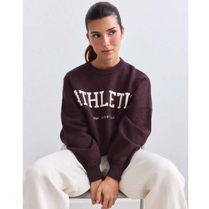 Sudadera de punto extragrande con cuello redondo y estampado de letras en la parte delantera para mujer, pantalones blancos color granate, estilo casual de otoño - Product Image 4