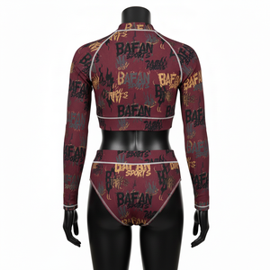 Conjunto de bikini de alta calidad de 185 GSM en poliéster y spandex, color burdeos, tejido elástico de punto acanalado, con estampado completo y logotipo transferido por calor, para mujer. - Product Image 2