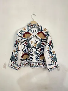 White Suzani Embroidered Jacket Cotton Boho <b>Floral</b> Handcrafted Ethnic Women Coat Stand Collar Vintage Style Outerwear - Product Image 4