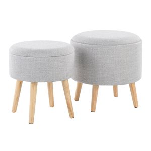 Pouf di stoccaggio in tessuto grigio chiaro con gambe in legno naturale vassoio contemporaneo e sgabello abbinato - Product Image 1