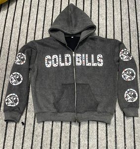 Custom Acid Washed Rhinestone Zip Up <b>Hoodie</b> <b>Large</b> Letter Applique Embroidery Sleeve Patch Streetwear Sweatshirt - Product Image 1