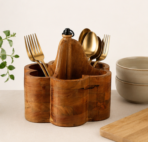 Handcrafted Mango Wood Cutlery Holder With 4 Compartments Rustic Wooden Utensil <b>Caddy</b> For Dining <b>Table</b> And Kitchen Countertop - Product Image 6