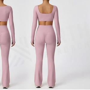 North Approach 2 Piece Yoga Set Pink Square Neck Long Sleeve Crop Top High Waist Full Length <b>Flared</b> <b>Leggings</b> Breathable Seamless - Product Image 2