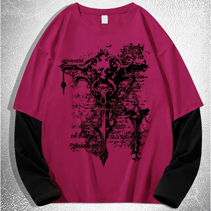 High Quality Double Layer T <b>Shirt</b> Streetwear Distressed Full Print Graphic <b>Flame</b> Sleeves Y2K Double Layer Long Sleeve T <b>Shirt</b> - Product Image 4