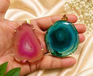 Pendentif en Agate, Pierre Naturelle, Tranche de Géode, Plaqué Or, Style Bohème, Bijou Cadeau Unisexe - Product Image 2