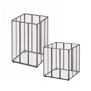 Portavelas de mesa de latón con diseño geométrico vintage de cristal transparente y metal dorado para centros de mesa de boda. - Product Image 2