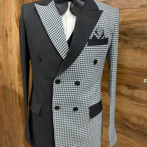 Costume de smoking croisé noir et blanc à motif pied-de-poule pour homme – Blazer de créateur pour mariage, marié ou bal de promo avec nœud papillon - Product Image 1