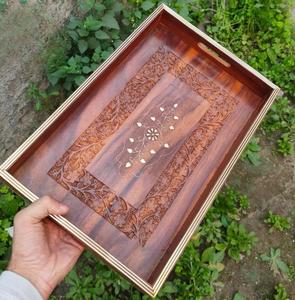 Hand Carved Wooden Serving <b>Tray</b> <b>with</b> <b>Handles</b> Sheesham Wood <b>Tea</b> <b>Tray</b> Decorative Coffee Table <b>Tray</b>, Wedding Gift Housewarming Gift - Product Image 1