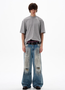 Pantalon en jean vintage délavé pour homme, style crayon, effet moustaches, tendance - Product Image 6