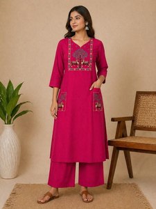 Ensemble de pantalon et kurti brodé en coton et lin pour femmes, style shalwar kameez, vêtements décontractés indiens et pakistanais pour femmes, pour toutes les saisons - Product Image 2