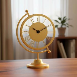 Horloge de bureau, design soleil doré, base noire, mouvement à quartz, fonctionne à piles, forme circulaire en métal, analogique, fonction snooze, moderne - Product Image 6