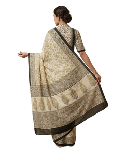 Sari con Estampado Floral Crema, Blusa de Manga Corta, Tela para Envolver, Atuendo Tradicional Indio para Festivales - Product Image 2