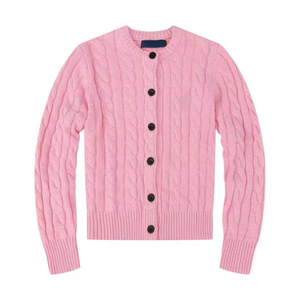 Women's Pink Cable Knit Cardigan Crew Neck Full Sleeve Casual Autumn Anti-Pilling 100% Acrylic Hand Knitted Single Breasted - Product Image 1