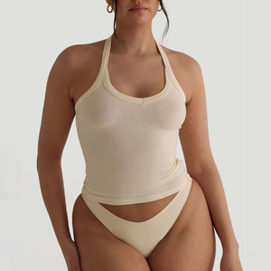 Top de tirantes acanalado para mujer 2026 con logo personalizado, cuello halter, espalda sexy, secado rápido, ajuste ceñido, algodón suave y elastano, top informal para estar en casa. - Product Image 3