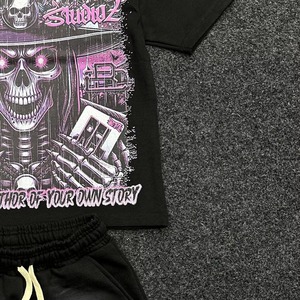 Conjunto de Camiseta y Pantalones Cortos de Moda Urbana para Hombre RFL APPAREL, Estampado de Calavera, 100% Algodón, Atuendo de Invierno con Capucha, Negro, Ecológico, Serigrafiado - Product Image 6