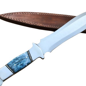 Couteau de chasse artisanal en acier D2 avec manche en os de chameau bleu teinté, lame fixe polie et étui en cuir marron - Product Image 2
