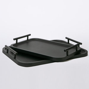 High Grade Mango Wood Decorative <b>Tray</b> <b>Black</b> Matte Finish Rounded Wooden Serving <b>Tray</b> Set With Metal Handles - Product Image 1