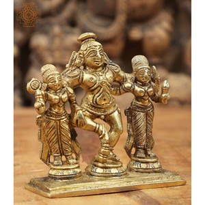 Fait à la main en laiton de 3 pouces Lord Krishna Idol avec Rukmini et Satyabhama Sculpture pour les cadeaux Fabriqué en Inde - Product Image 2