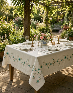 ผ้าปูโต๊ะปักลายดอกไม้สีฟ้าสวยงาม ทันสมัย สีขาว ทำจากผ้าฝ้าย ทนทาน ขนาดใหญ่ ปักขอบอย่างดี ซักได้ รับผลิตตามสั่งขายส่ง - Product Image 1