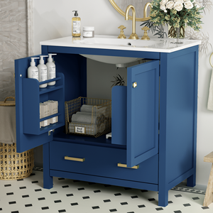 Meuble-lavabo bleu de 30 pouces avec vasque simple intégrée, armoire sous-évier et tiroir de rangement à 2 portes - Ensemble de meuble-lavabo simple - Product Image 2