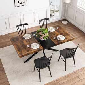 Tavolo da Pranzo Antico con Piano in Legno, Rettangolare, con Rilievo Nero, Allungabile da 55.11 a 70.86 Pollici, Base in Ferro a Croce con Finitura Sabbia Fine, Nero - Product Image 2