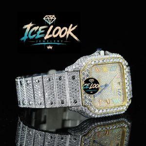 Montre à quartz de luxe en acier inoxydable Ice Look, cadran rectangulaire, incrustation de cristal saphir, bracelet décoré de strass, bijoux de mode - Product Image 4