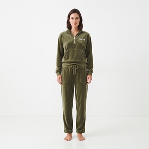 <b>Women's</b> Casual Winter Velvet Tracksuit 2 Olive Green Velour Tracksuit Piece <b>Half</b> <b>Zip</b> <b>Sweatshirt</b> and Wide Leg Pants Lounge Set - Product Image 4