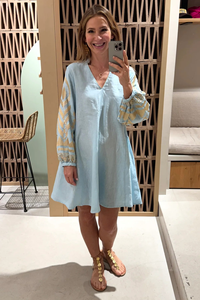 Robe longue bohème ample à col en V pour femme, bleu clair, brodée, manches 3/4, imprimé floral, à franges, été, plage, 100% coton - Product Image 2