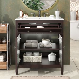 Mobile da Bagno da 30 Pollici con Gambe in Legno Massello e Lavabo in Ceramica, Dotato di Ripiano Regolabile e Vassoio Estraibile - Product Image 3