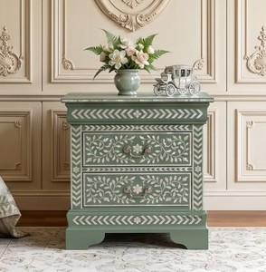 Chic Geometric Pattern Bone Inlay <b>Bedside</b> <b>Table</b> With 2 Drawers Boho Nightstand Storage Cabinet Side <b>Table</b> For Bedroom Hotels - Product Image 2