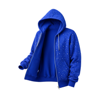 Sudadera con capucha unisex azul real con pedrería, forro polar personalizado, estilo casual urbano, estampado digital de invierno con bolsillos