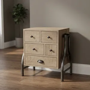 Industrial Modern Wooden Storage <b>Cabinet</b> 5 Drawers <b>Metal</b> Legs Side Table for Living Room - Product Image 4