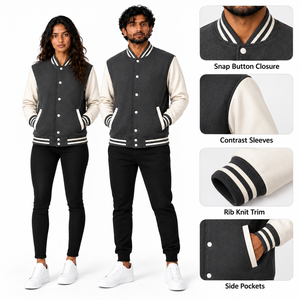 High Quality Unisex Gray Varsity Jacket Customized Colors <b>Covered</b> <b>Button</b> Closure Casual Style Regular Fit Polyester Cotton - Product Image 5