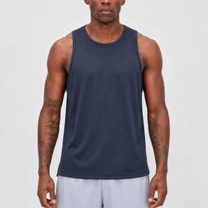 Men's <b>Navy</b> Blue Sleeveless Tank <b>Top</b> O-Neck Solid Color Knitted Quick Dry Polyester Casual Fitness Wear - Product Image 1