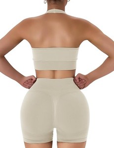 Ensemble 2 pièces : Soutien-gorge de sport dos nu et short taille haute froncé, sans couture, couleur unie, pour le yoga et l'entraînement - Product Image 4